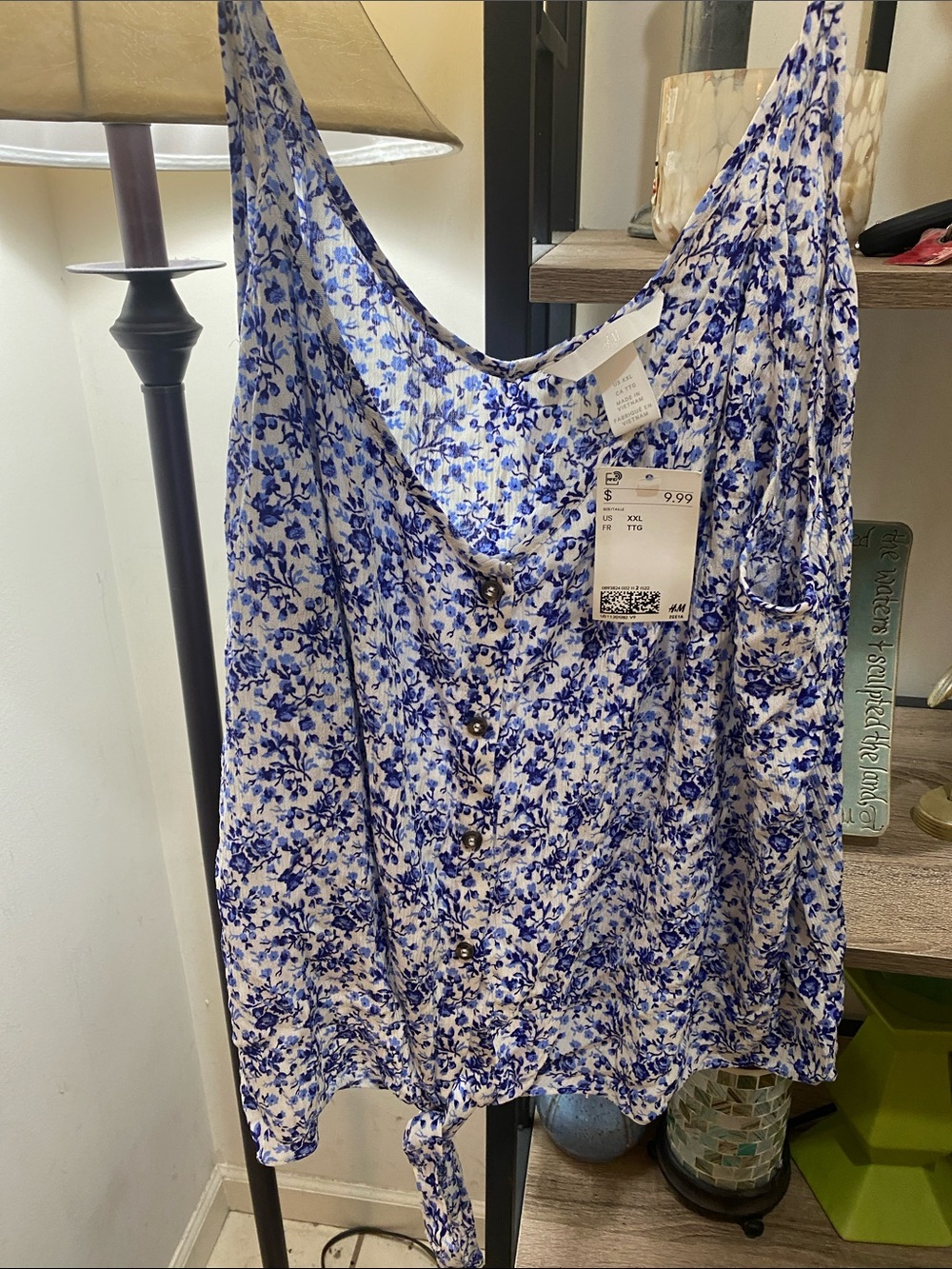 H&M White and Blue Floral Button-Front Camisole Tank